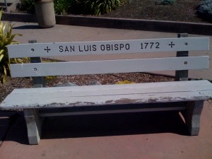 photo of one bench in a series of 21 benches along the Monterey waterfront near Fisherman's wharf